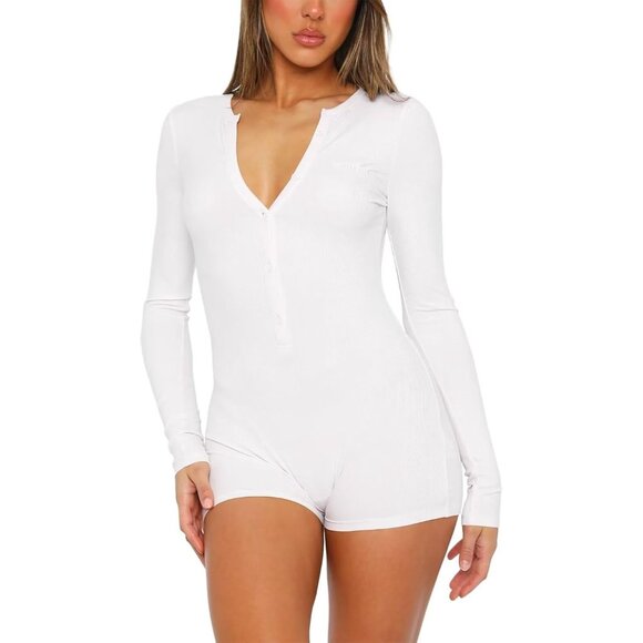 Women's White One Piece Button Down Jumpsuit V Neck Romper Long Sleeve Bodysuit - Picture 2 of 5